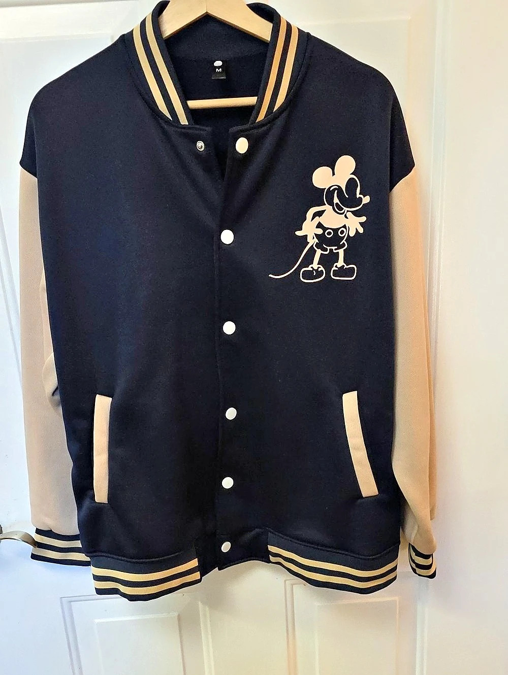Unisex Mickey Mouse Varsity Jacket Navy & Beige Size Medium